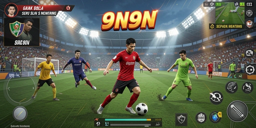 Tampilan menarik dari gameplay 9N9N dengan aksi sepak bola yang seru.