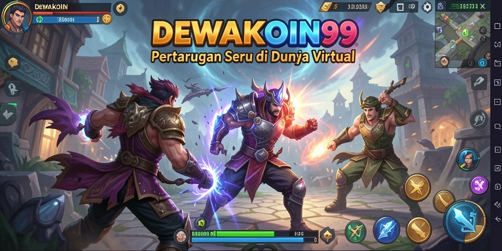 Screenshot DEWAKOIN99 menampilkan pertarungan seru antara karakter di arena.