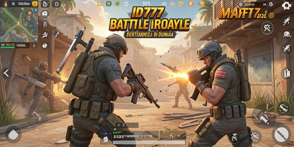 Screenshot gameplay ID777 menampilkan aksi seru di medan perang Battle Royale.