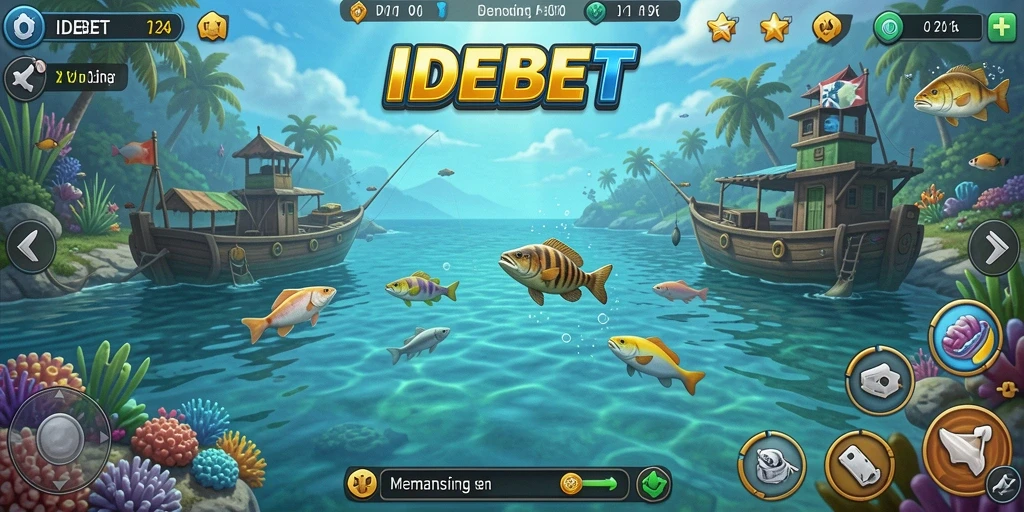 Tampilan gameplay IDEBET yang seru saat memancing ikan di lautan.