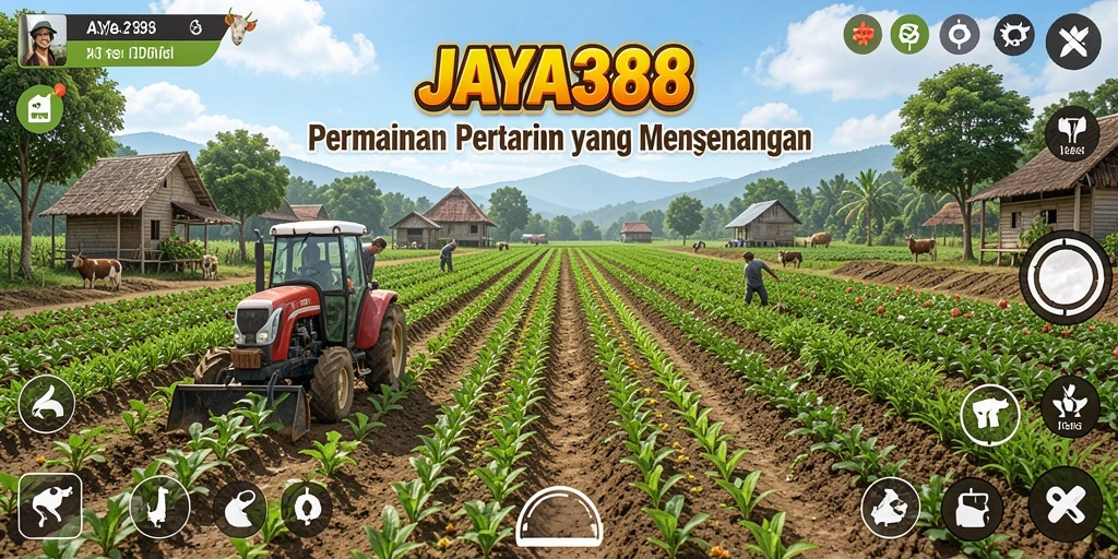 Screenshot gameplay JAYA388 menunjukkan ladang hijau yang subur dan aktivitas bertani.
