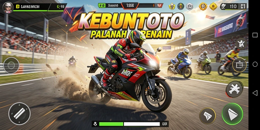 Tangkapan layar KEBUNTOTO yang menunjukkan aksi balapan motor yang mendebarkan.